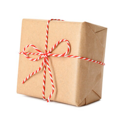 Gift box wrapped in kraft paper with bow isolated on white