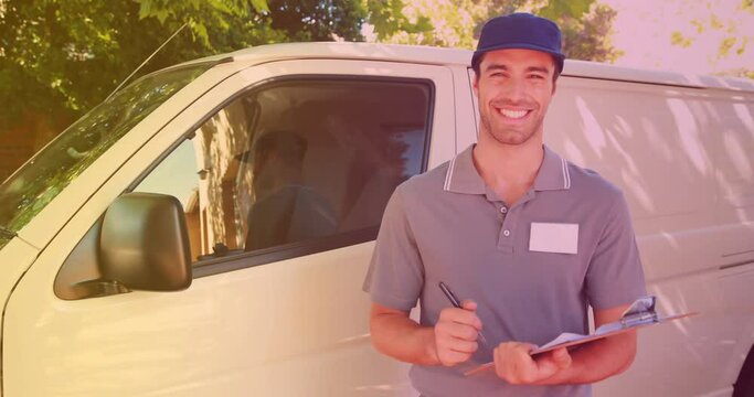 Animation of smiling caucasian male deliverer taking notes on clipboard