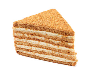 Slice of delicious layered honey cake isolated on white