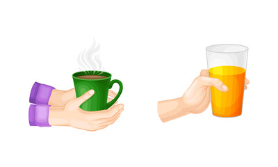 Hands holding cup of coffee and glass of juice cartoon vector illustration