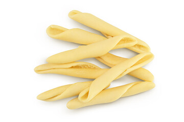 Typical Calabrian pasta called Maccheroncini also known as Maccheroni isolated on white background with clipping path and full depth of field.