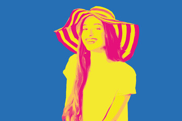 Vector illustration in pop art style of a young happy woman in hat isolated on blue background