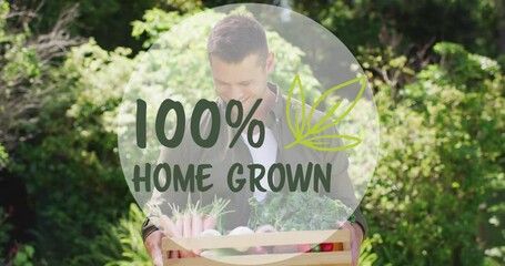 Animation of 100 percentage home grown text over happy caucasian man with vegetables