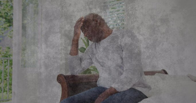 Animation of moving background over sad senior african american man