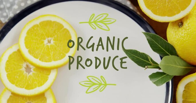 Animation of organic produce text over oranges