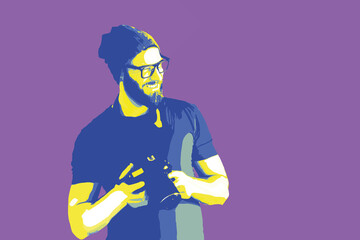 Portrait of stylish hipster standing with photo camera on background. Vector illustration in pop art style