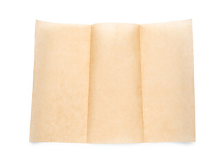 Sheet of brown baking paper on white background, top view