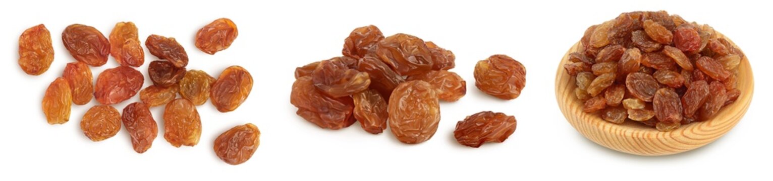 Brown raisin isolated on white background with clipping path. Top view. Flat lay. Set or collection