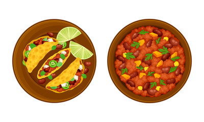 Mexican traditional food served on plates, top view vector illustration