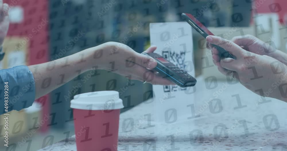 Poster animation of binary coding over two caucasian women paying with smartphone on climbing wall