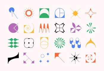 Set of modern futuristic figures. Abstract geometric shapes in brutalism style. Fragile vector objects with thin outline