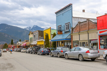 The historic downtown main street through the rural Canadian town of Kaslo British Columbia at...