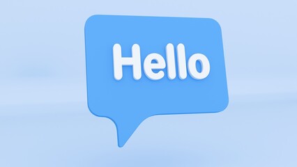 Hello speech bubble banner. Message bubble concept with text Hello, Hi. Greeting in chat. Communication concept. Cartoon design element isolated on blue background. 3D Rendering