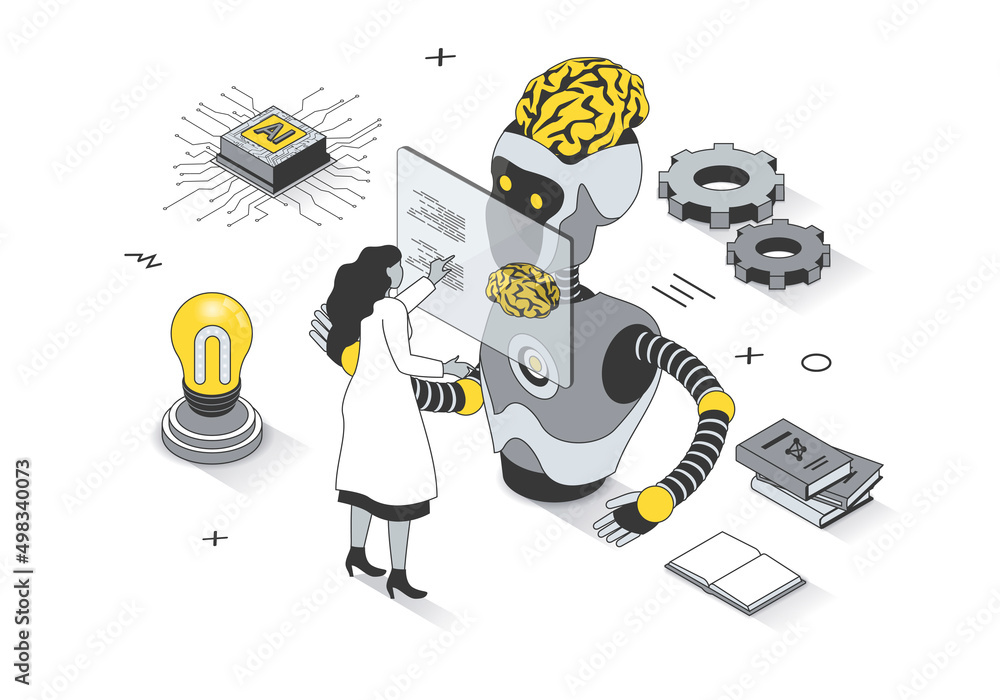 Aufkleber Artificial intelligence concept in 3d isometric outline design. Scientist engineer working with AI and training robot brain, machine learning line web template. Illustration with people scene