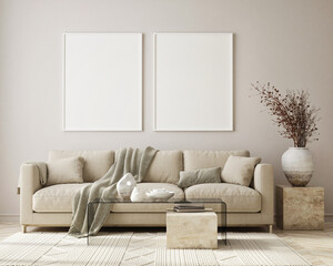 mock up poster frame in modern interior background, living room, Scandinavian style, 3D render, 3D illustration