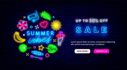 Summer sale neon landing page. Circle layout with vacation icons. Season discount concept. Vector stock illustration