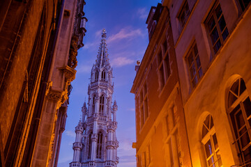 Fototapeta na wymiar View of illuminated Grand Place and town square at night, Brussels, Belgium, 