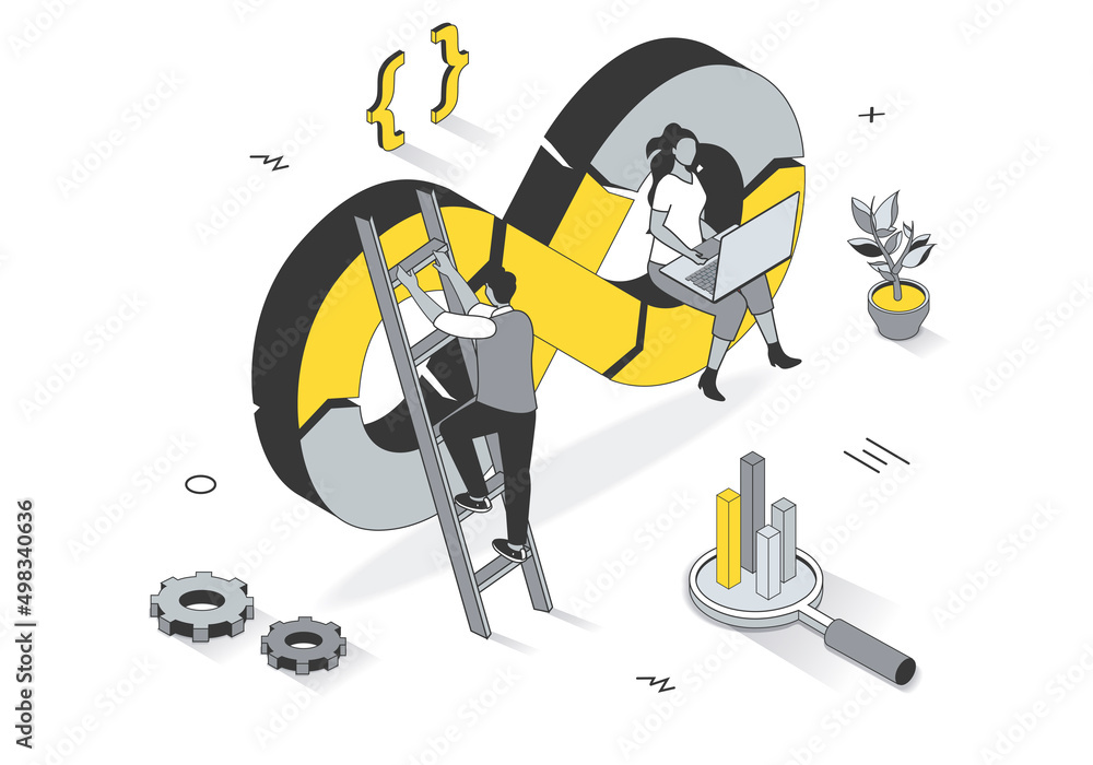Poster devops concept in 3d isometric outline design. programmers and engineers working together at office,