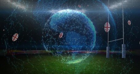 Animation of globe over rugby balls coloured with georgia flag at stadium - Powered by Adobe