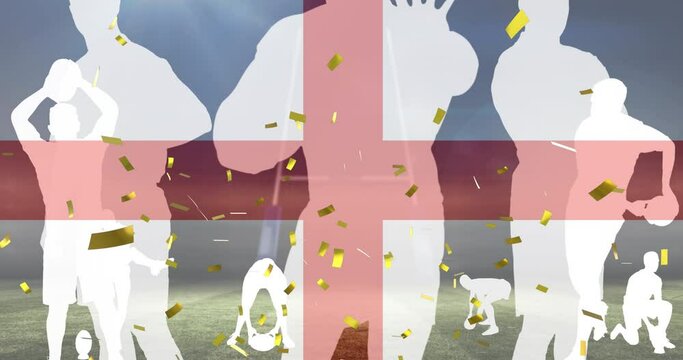 Animation of flag of england and confetti over silhouettes of rugby players with ball at stadium