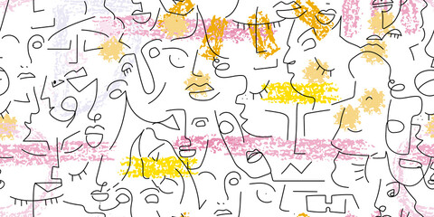 One line drawing. Abstract face seamless pattern.