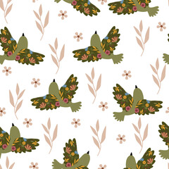 seamless pattern with floral bird on the white background