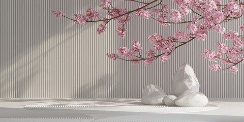 japanese style decorative product background. nature light podium and cherry blossom with white background for product presentation. 3d rendering illustration.