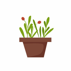 Small green seedlings in a pot. Vector cartoon illustration.