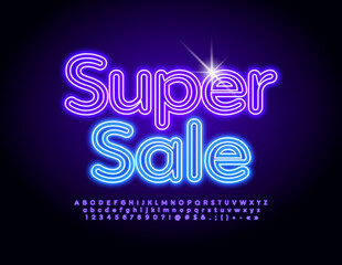 Vector electric banner Space Game. Neon Alphabet Letters, Numbers and Symbols set. Blue light Font