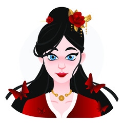 Cartoon asian beautifull woman. Long black hair with flowers clip on top. Geisha illustration forweb. game or advertisign