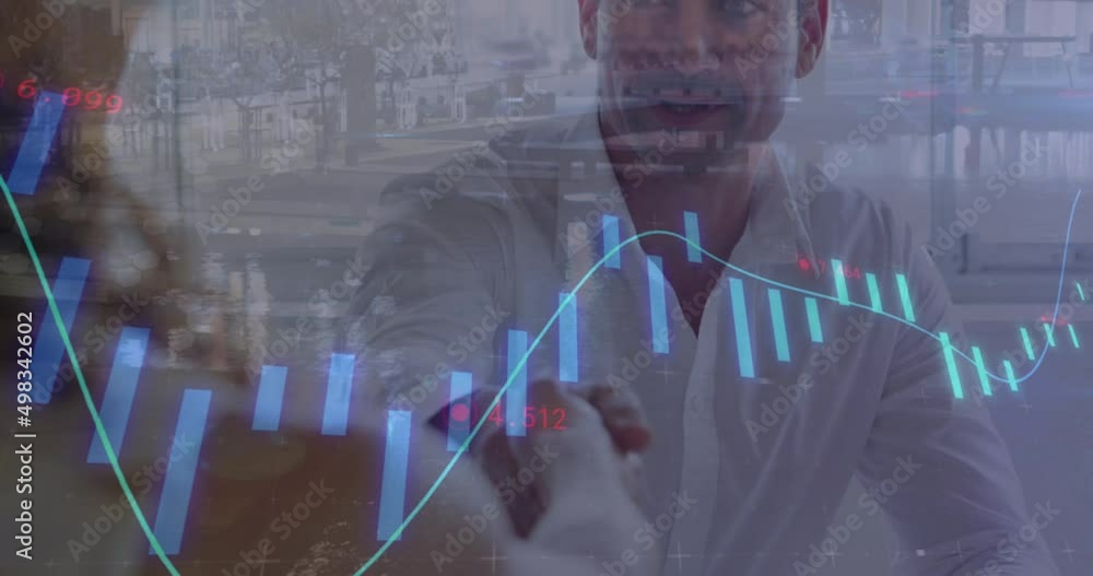 Poster animation of digital interface and financial data processing over business people