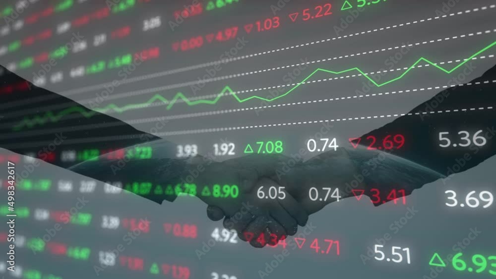 Poster animation of digital interface and financial data processing over business people