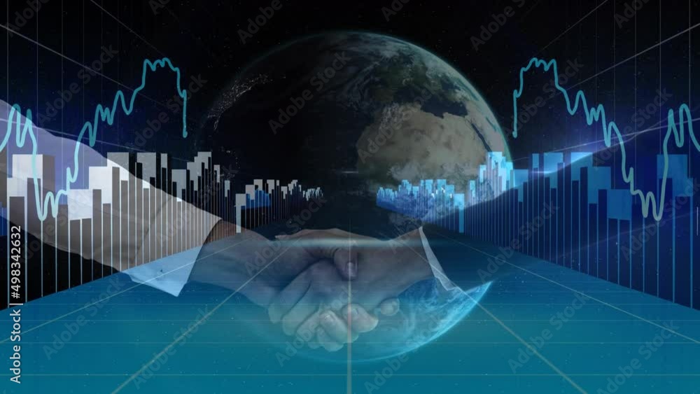 Poster animation of digital interface and financial data processing over business people