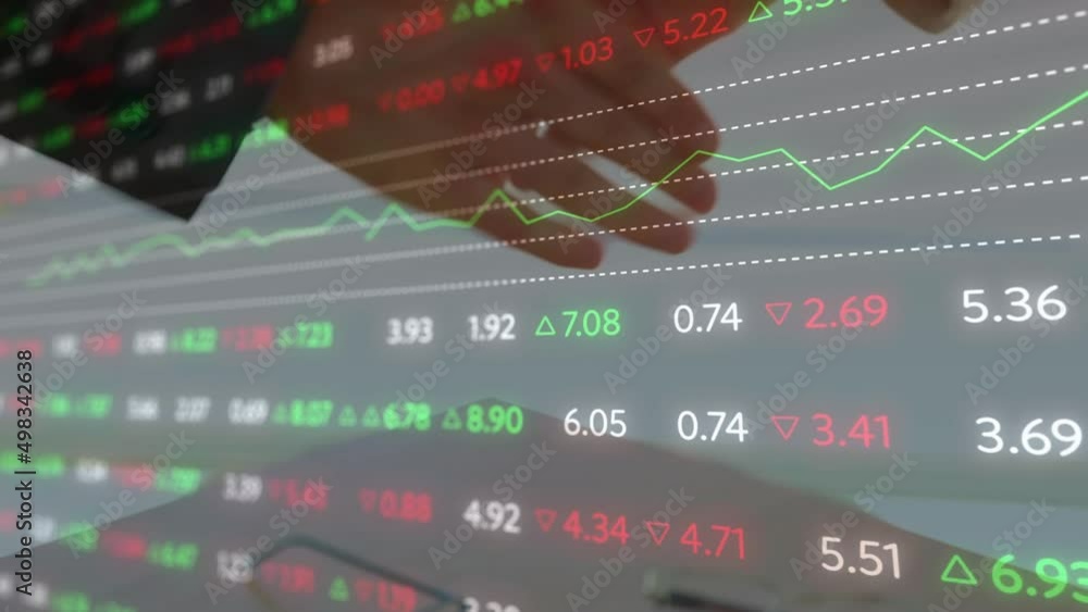 Poster animation of digital interface and financial data processing over business people