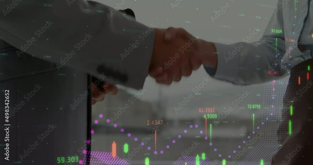 Poster Animation of digital interface and financial data processing over business people