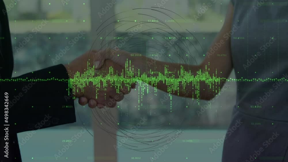 Aufkleber animation of financial data processing over business people shaking hands