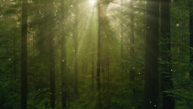 Mystic sun light in green fairy tale forest with fireflies.