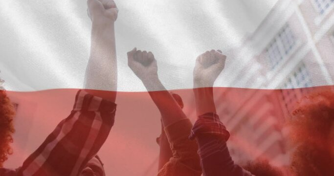 Animation of flag of poland over hands of diverse protesters