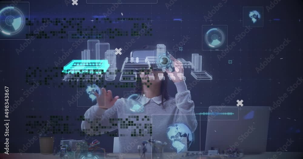 Poster animation of data processing and digital interface over biracial businesswoman using vr headset