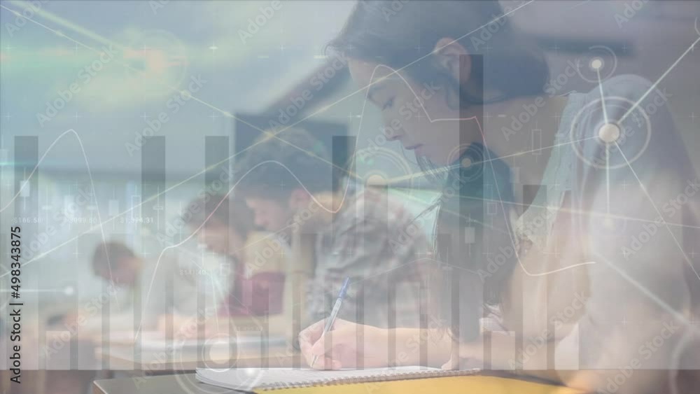 Poster animation of financial data processing and network of connections over diverse students in office