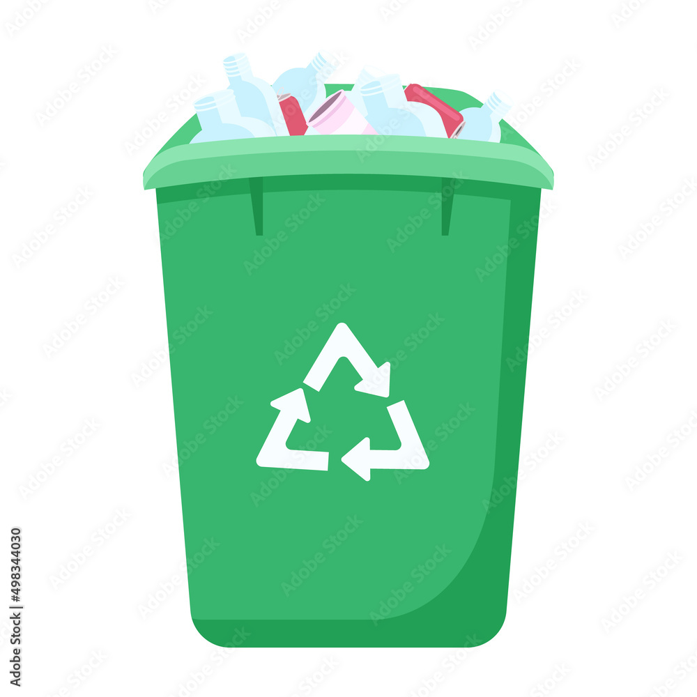 Poster trash can for plastic bottles semi flat color vector object. collecting garbage for recycling. full 