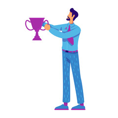 Mentor offering trophy cup semi flat color vector character. Posing figure. Celebrate accomplishment. Full body person on white. Simple cartoon style illustration for web graphic design and animation