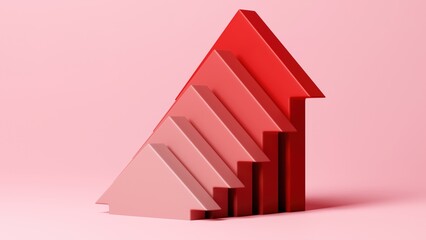 Growth arrows up, five red arrows pointing up, trends, stocks success and growing upwards, 3d render
