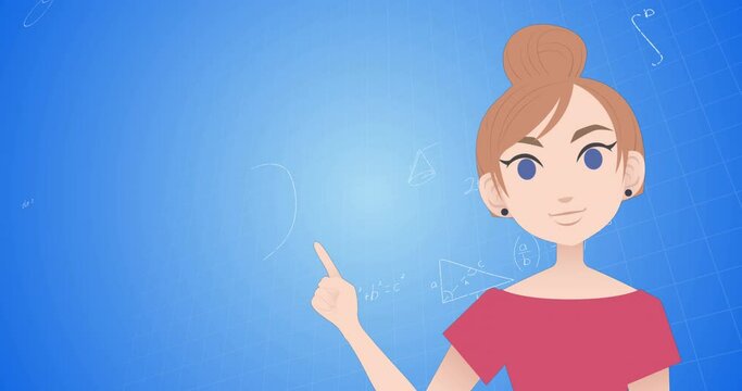 Animation of woman talking over mathematical equations