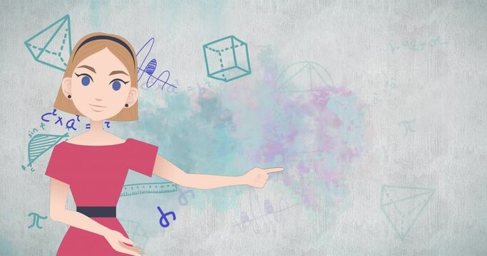 Animation of woman talking over mathematical equations