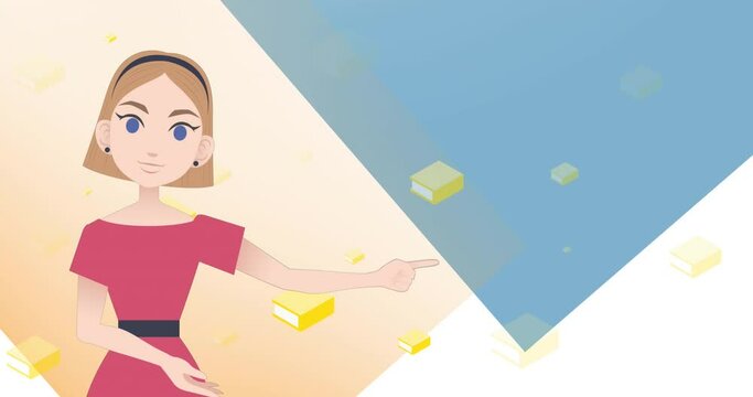 Animation of woman talking over book icons