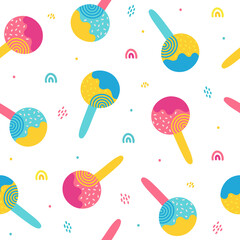 Tropical summer print for t-shirt, apparel, textile or wrapping. Pattern with colorful bright and juicy popsicles on a white background. Vector is seamless and repeatable.