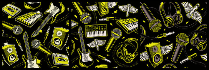 Bundle of color music seamless backgrounds with different cartoon musical instruments