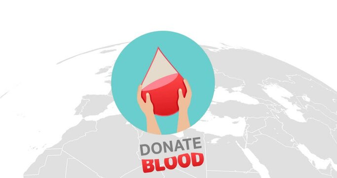 Animation of blood donation logo and text over world map