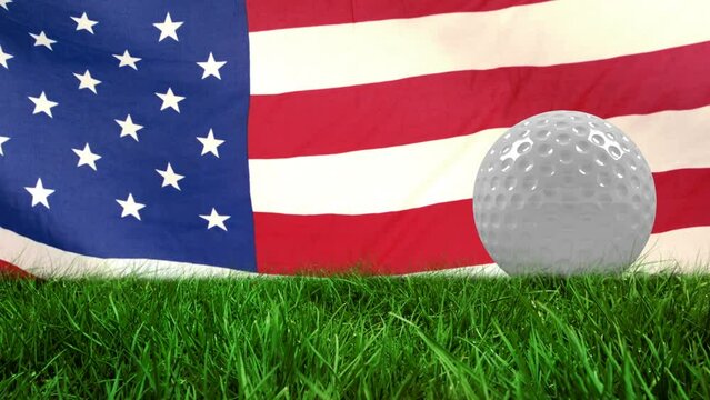Animation of golf ball on grass over waving flag of usa